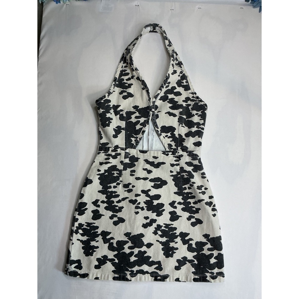 Nasty Gal Dalmatian Print Halter Mini Dress White Black Cutout Denim US 4 NWT - Picture 4 of 12